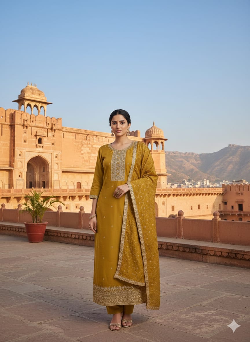 Yellow Roman Silk kurta set