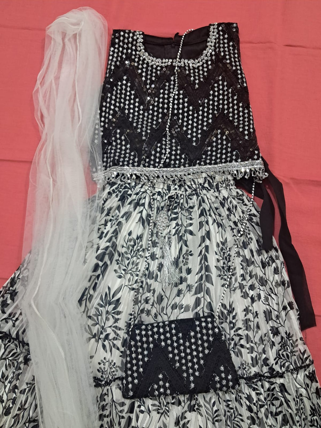 Black & White Floral Party Wear Frock with Sequins Work (Kids Special)