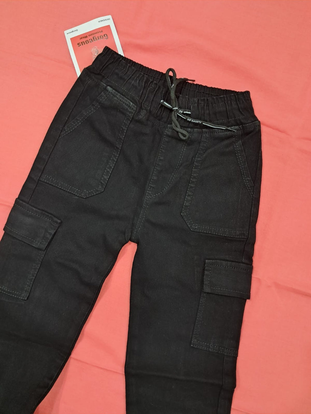 Black Kids Cargo Jogger Pants with Multi-Pocket Design