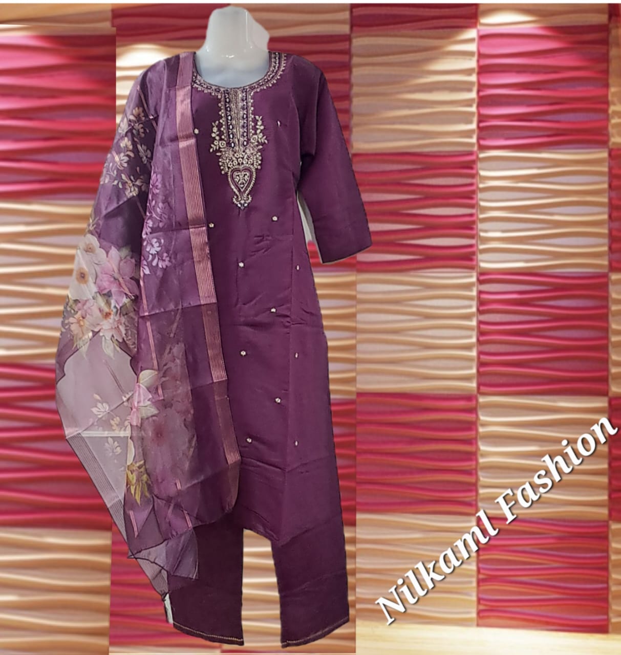 Elegant Plum Embroidered Suit Set with Floral Dupatta