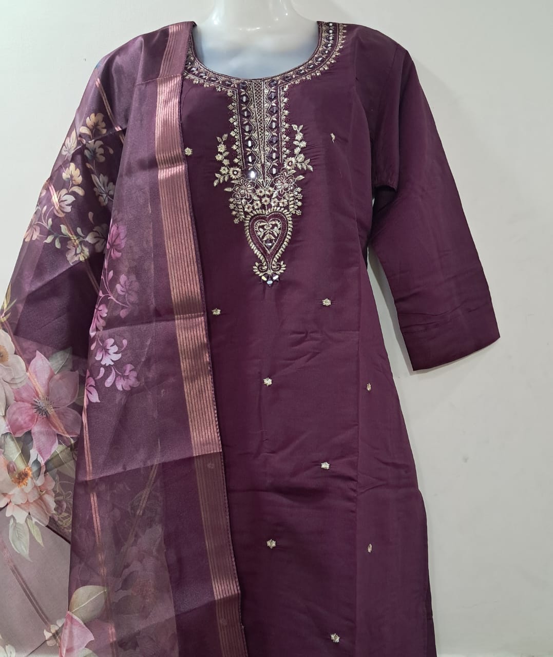 Elegant Plum Embroidered Suit Set with Floral Dupatta