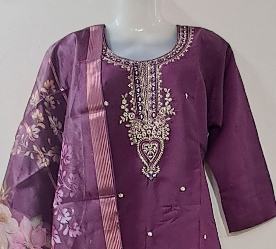 Elegant Plum Embroidered Suit Set with Floral Dupatta