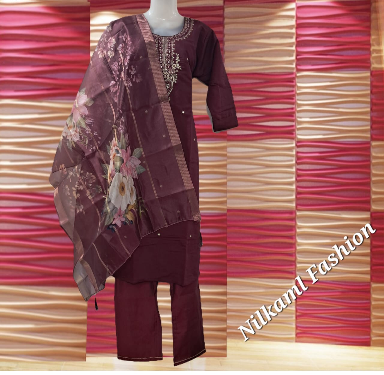 Elegant Plum Embroidered Suit Set with Floral Dupatta