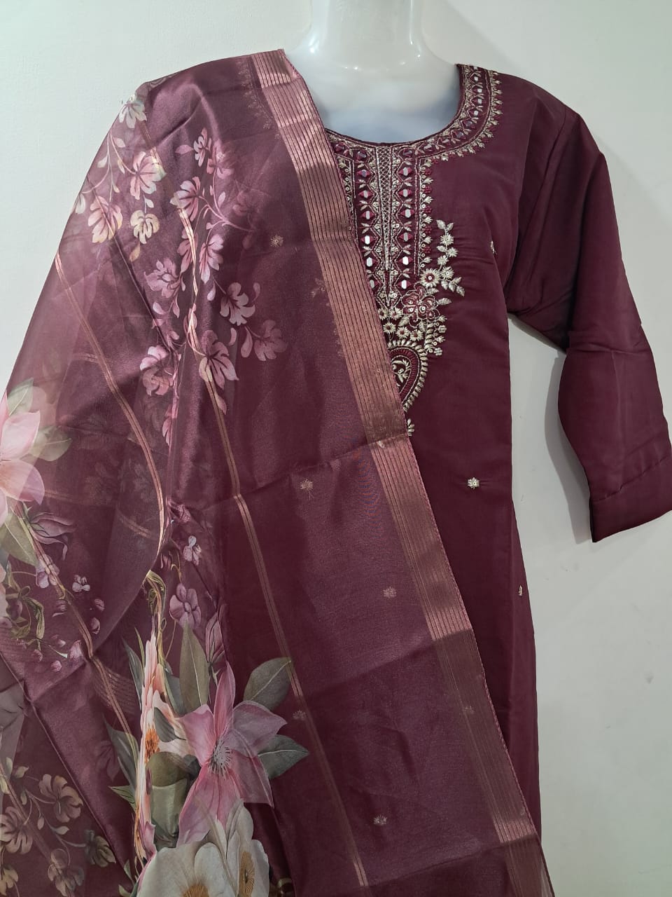 Elegant Plum Embroidered Suit Set with Floral Dupatta