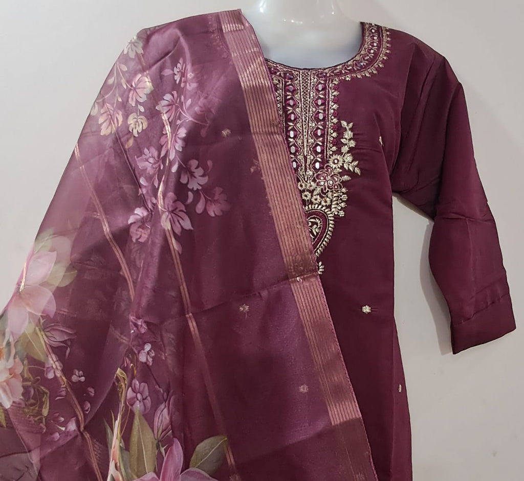 Elegant Plum Embroidered Suit Set with Floral Dupatta