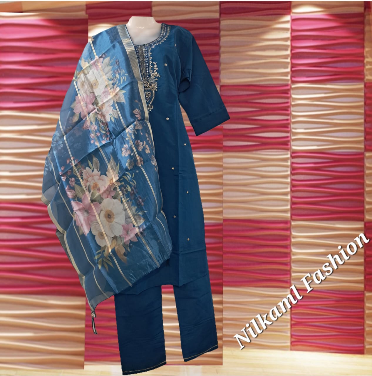 Royal Blue Embroidered Suit Set with Floral Organza Dupatta