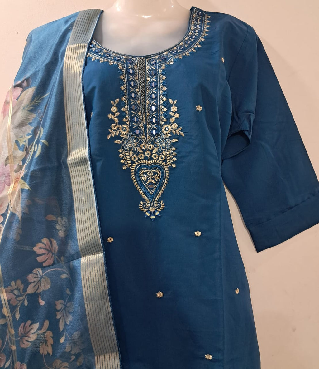Royal Blue Embroidered Suit Set with Floral Organza Dupatta