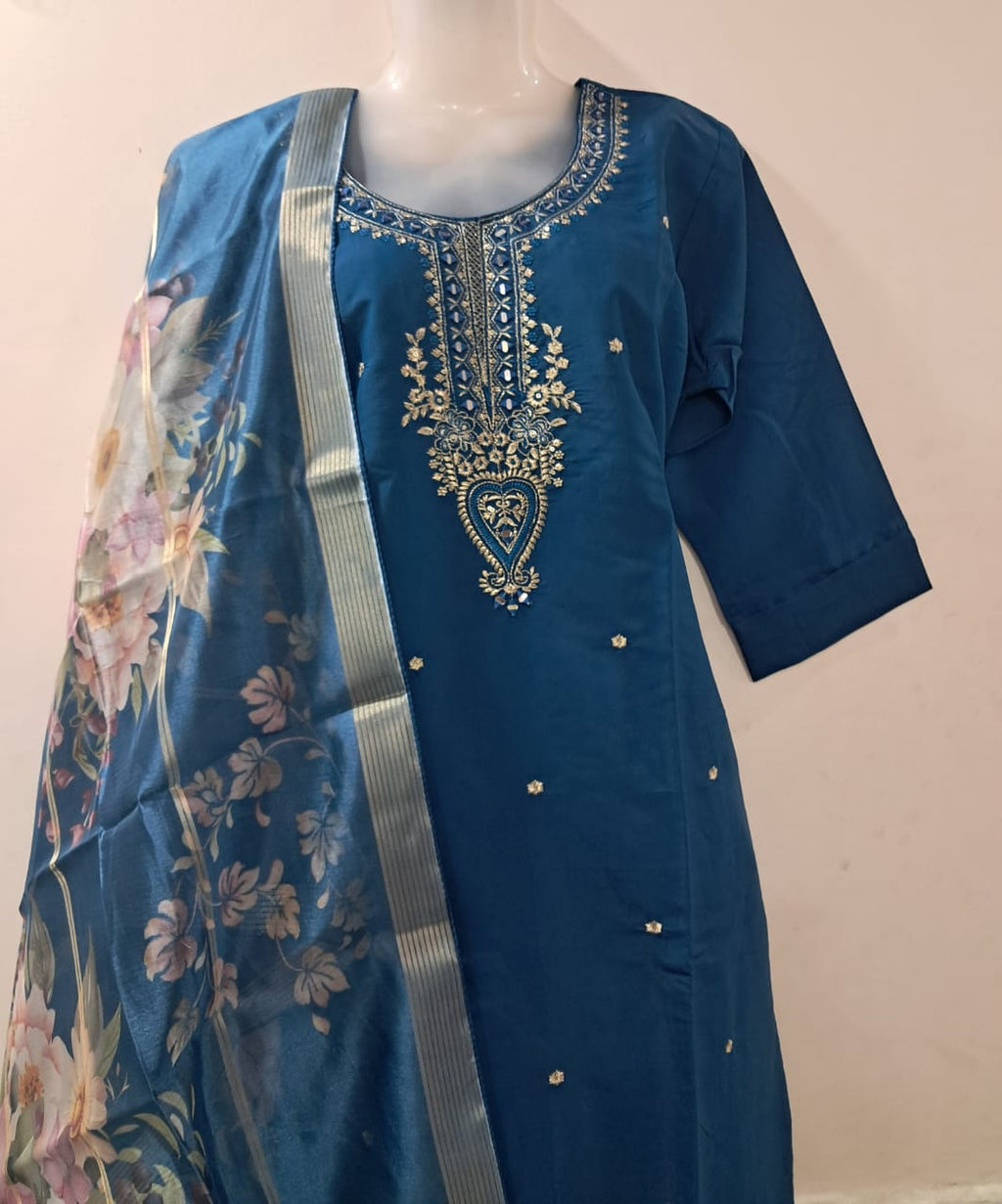 Royal Blue Embroidered Suit Set with Floral Organza Dupatta