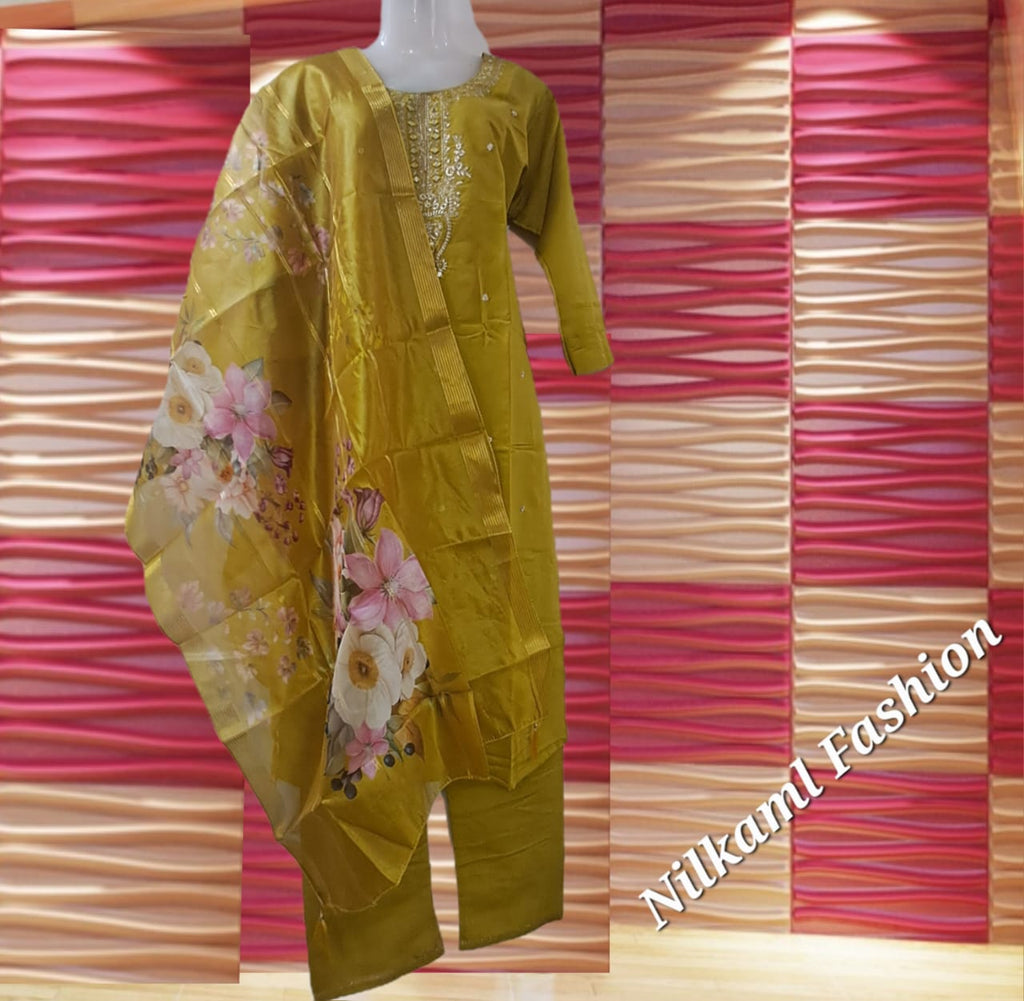Mustard Yellow Embroidered Suit Set with Floral Organza Dupatta