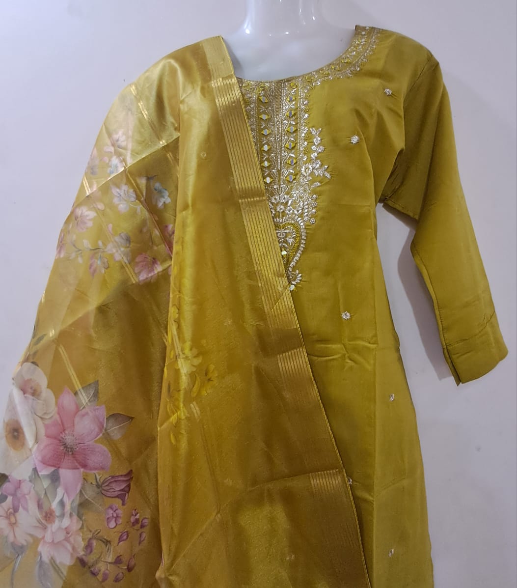 Mustard Yellow Embroidered Suit Set with Floral Organza Dupatta