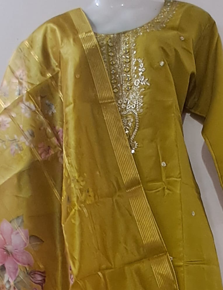 Mustard Yellow Embroidered Suit Set with Floral Organza Dupatta