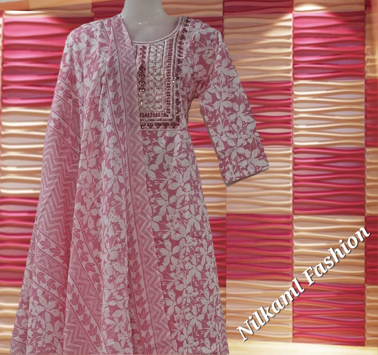 Soft Pink Printed Suit Set with Elegant Mirror Work & Dupatta