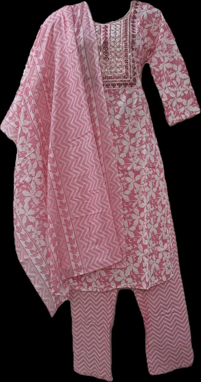 Soft Pink Printed Suit Set with Elegant Mirror Work & Dupatta