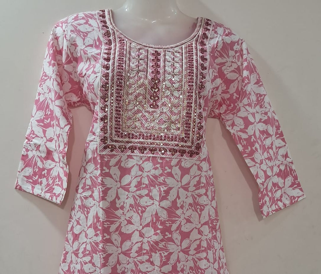 Soft Pink Printed Suit Set with Elegant Mirror Work & Dupatta