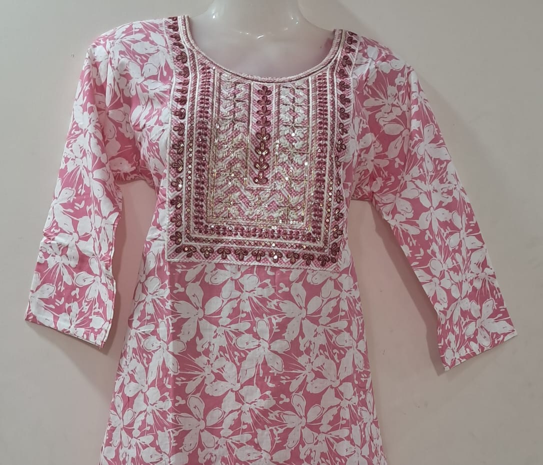 Soft Pink Printed Suit Set with Elegant Mirror Work & Dupatta