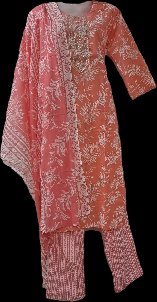 Peach Printed Suit Set with Mirror Work & Matching Dupatta