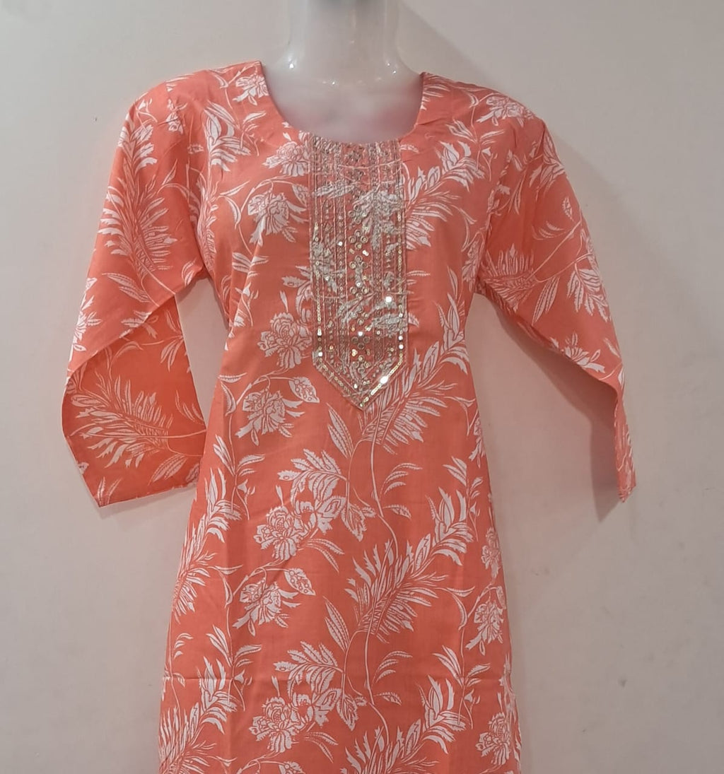 Peach Printed Suit Set with Mirror Work & Matching Dupatta