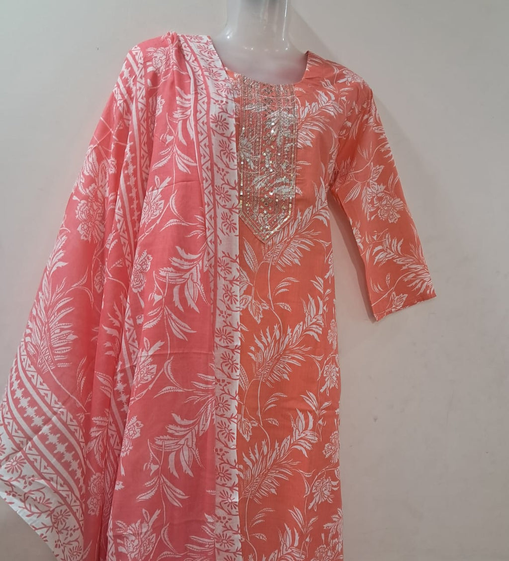 Peach Printed Suit Set with Mirror Work & Matching Dupatta