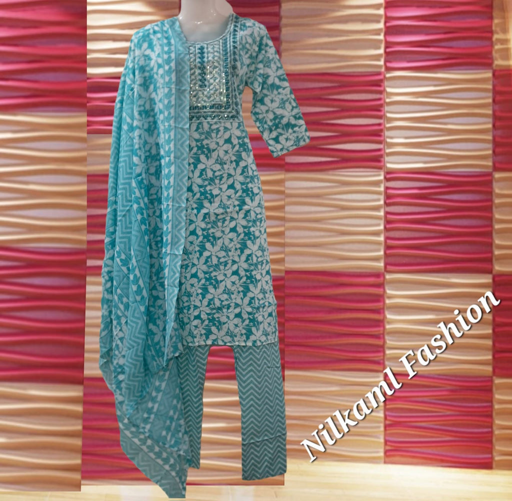 Aqua Blue Printed Suit Set with Mirror Work & Matching Dupatta
