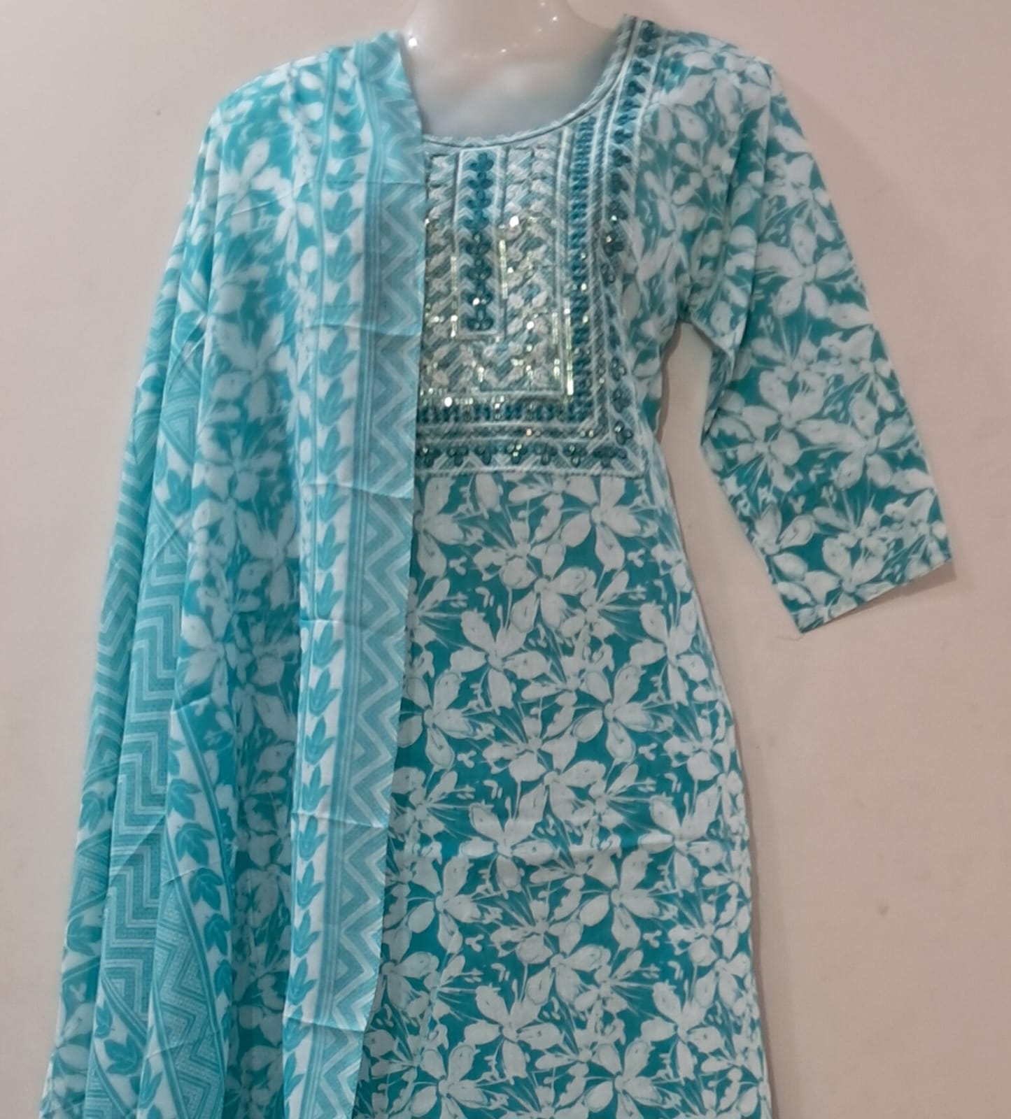 Aqua Blue Printed Suit Set with Mirror Work & Matching Dupatta
