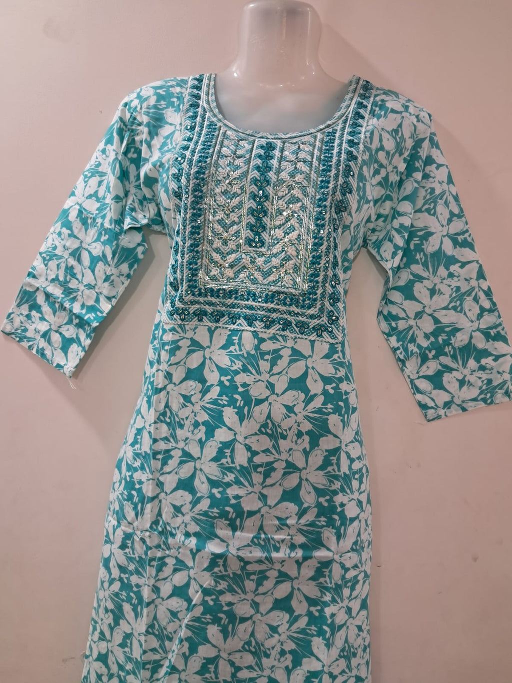 Aqua Blue Printed Suit Set with Mirror Work & Matching Dupatta