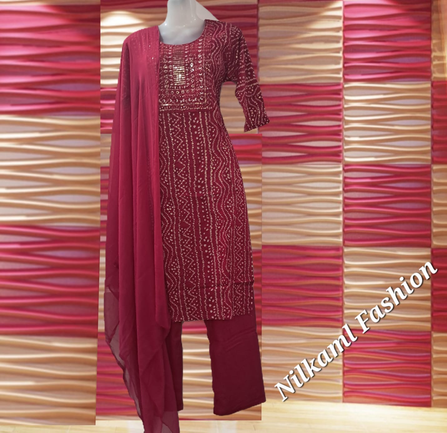 Maroon Bandhani Printed Suit Set with Mirror Work & Plain Dupatta