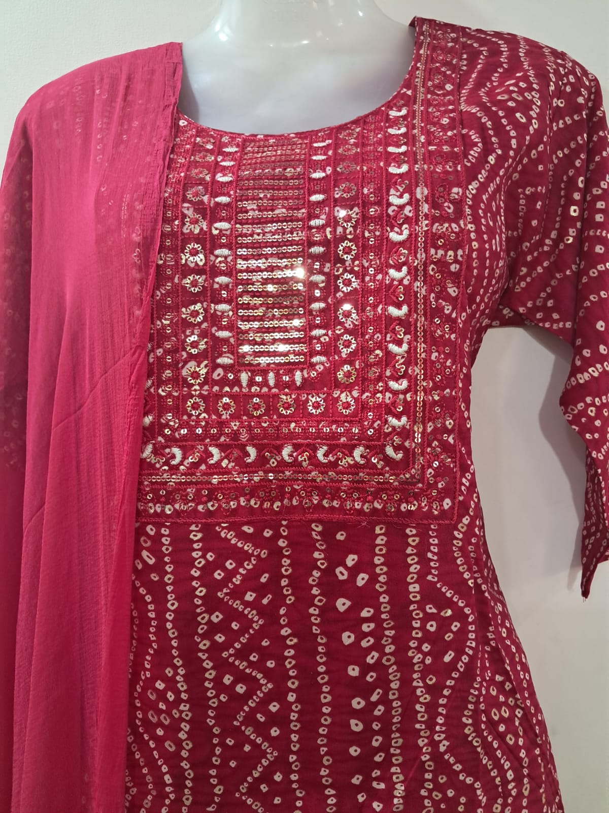 Maroon Bandhani Printed Suit Set with Mirror Work & Plain Dupatta