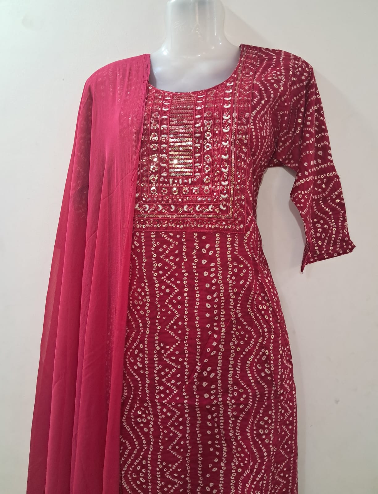 Maroon Bandhani Printed Suit Set with Mirror Work & Plain Dupatta