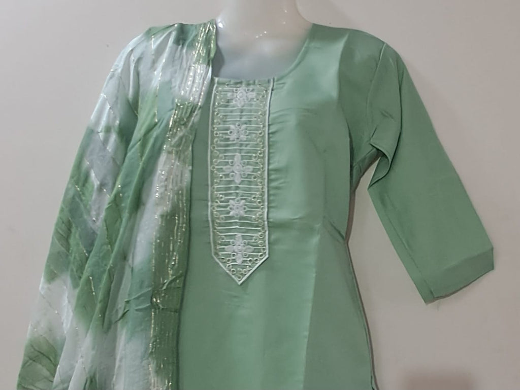 Pastel Green Embroidered Suit Set with Tie-Dye Dupatta
