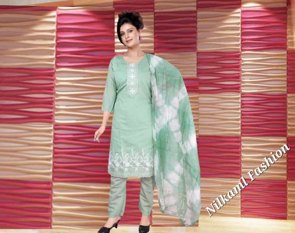 Pastel Green Embroidered Suit Set with Tie-Dye Dupatta