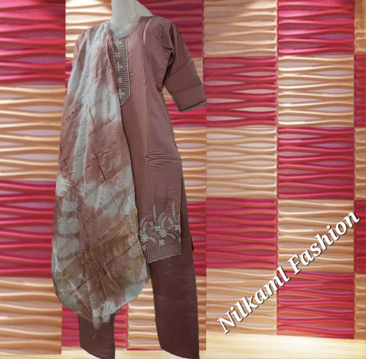 Coffee Brown Embroidered Suit Set with Tie-Dye Dupatta