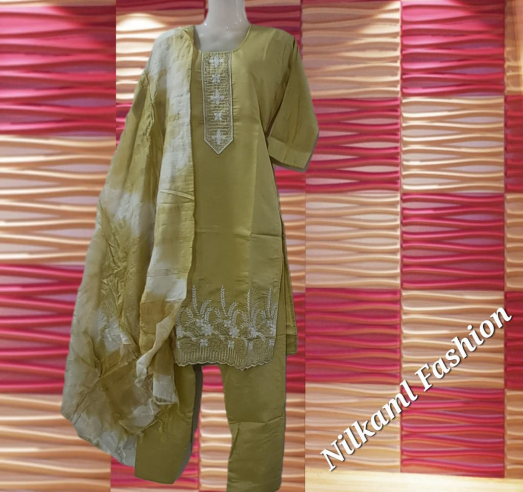 Elegant Mustard Embroidered Suit Set with Tie-Dye Dupatta