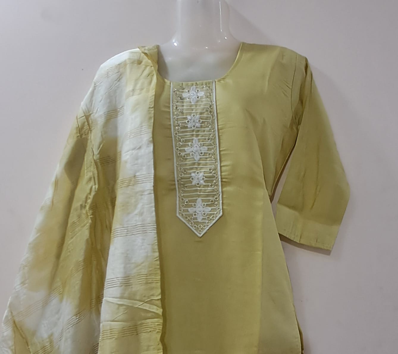 Elegant Mustard Embroidered Suit Set with Tie-Dye Dupatta