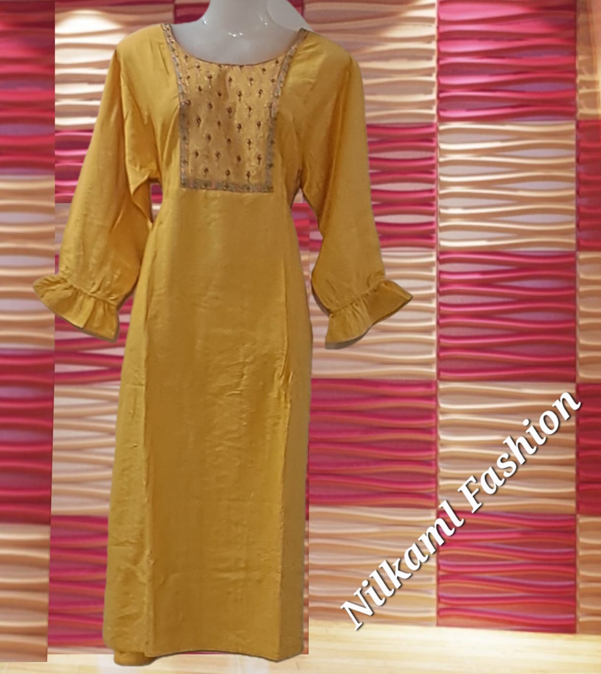 Mustard Yellow Stylish Kurti with Embroidered Yoke & Flared Sleeves