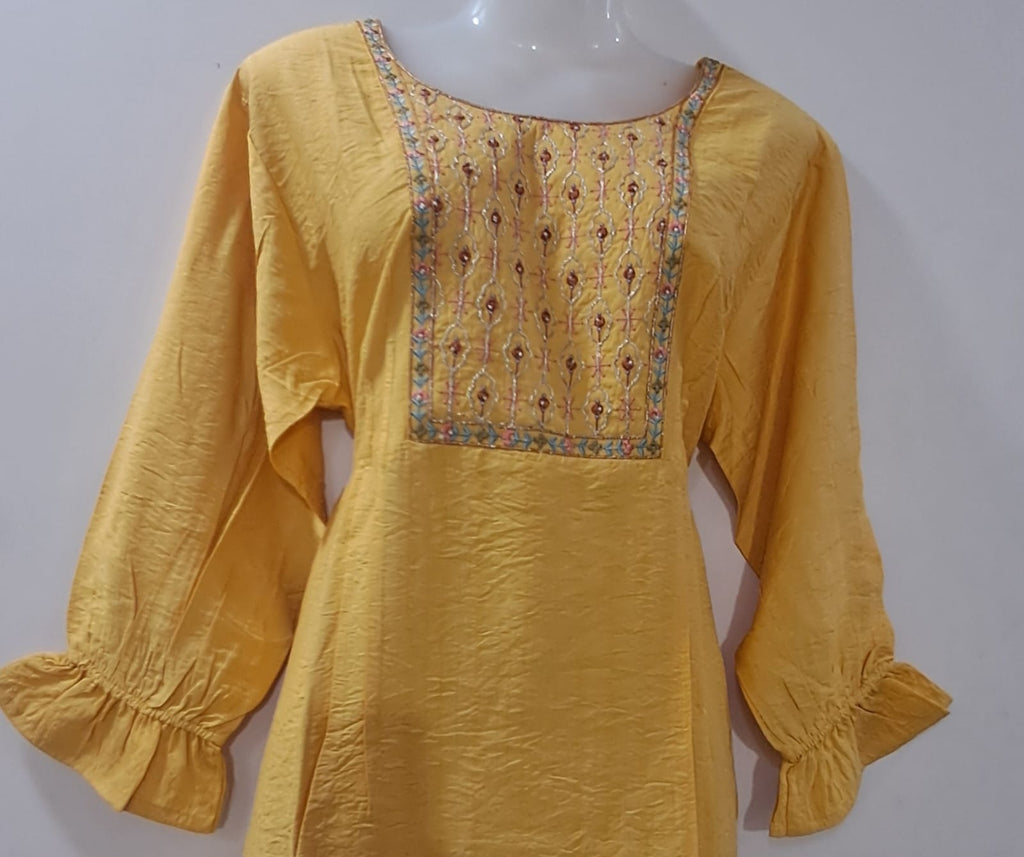 Mustard Yellow Stylish Kurti with Embroidered Yoke & Flared Sleeves