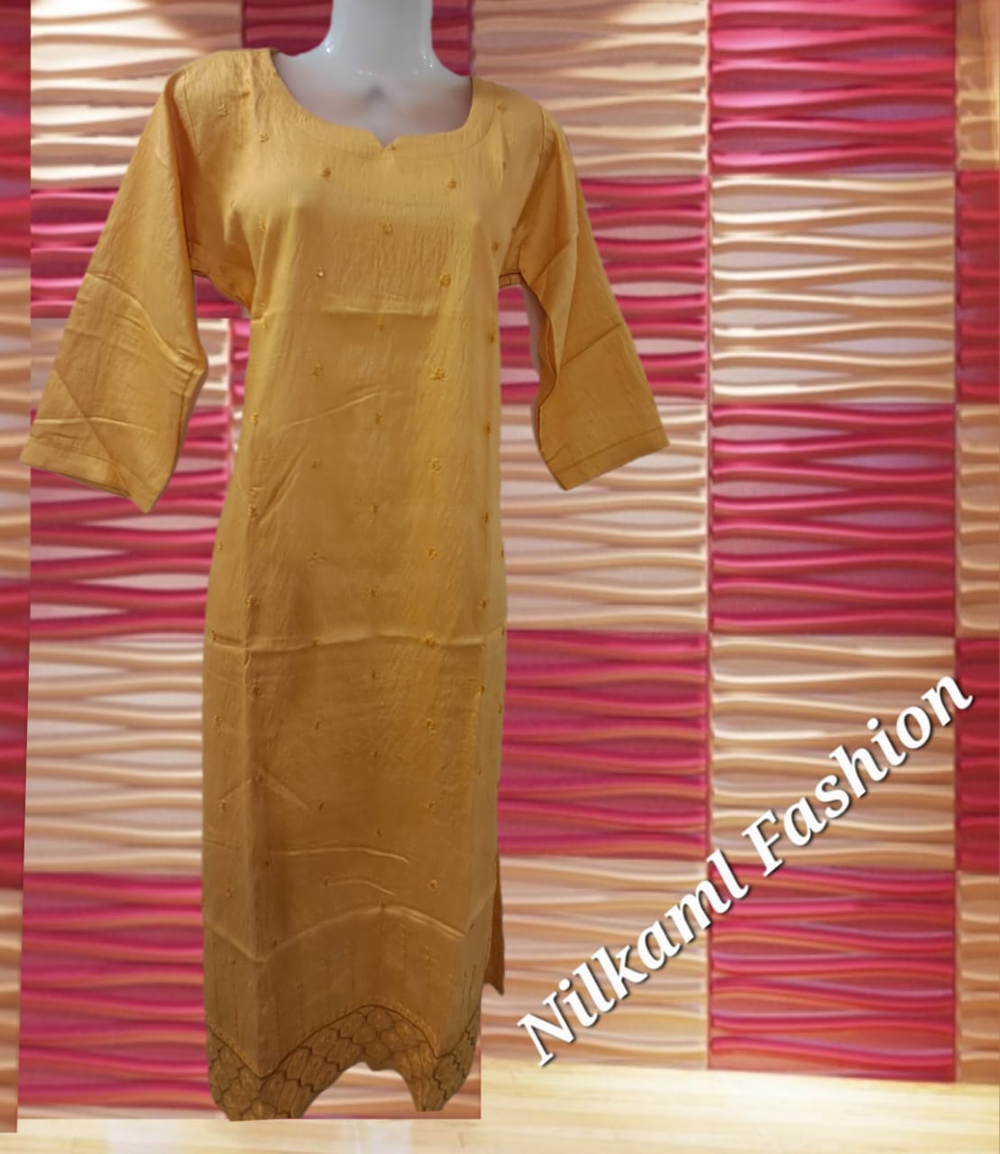 Mustard Yellow Elegant Kurti with Hand Embroidery & Scallop Hem