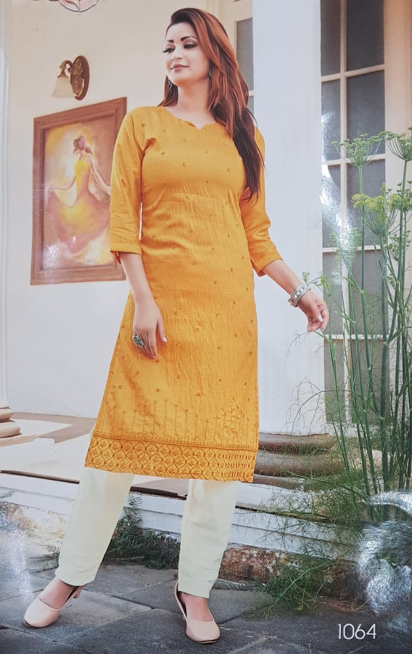 Mustard Yellow Elegant Kurti with Hand Embroidery & Scallop Hem