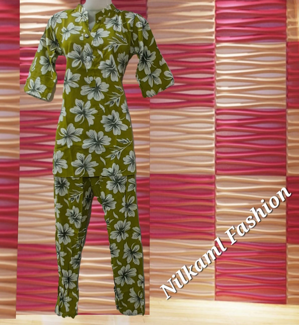 Olive Green Floral Printed Co-Ord Set