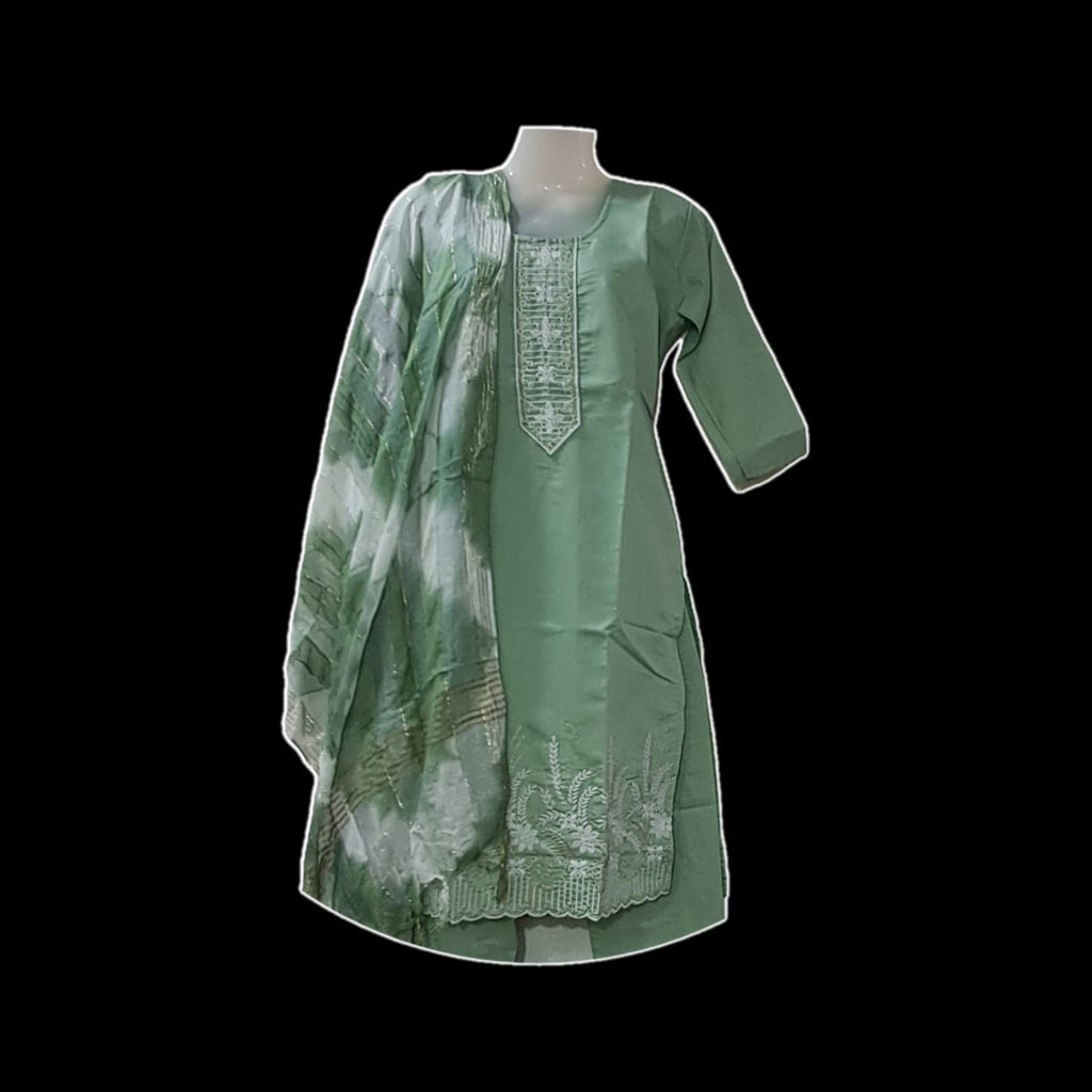 Pastel Green Embroidered Suit Set with Tie-Dye Dupatta